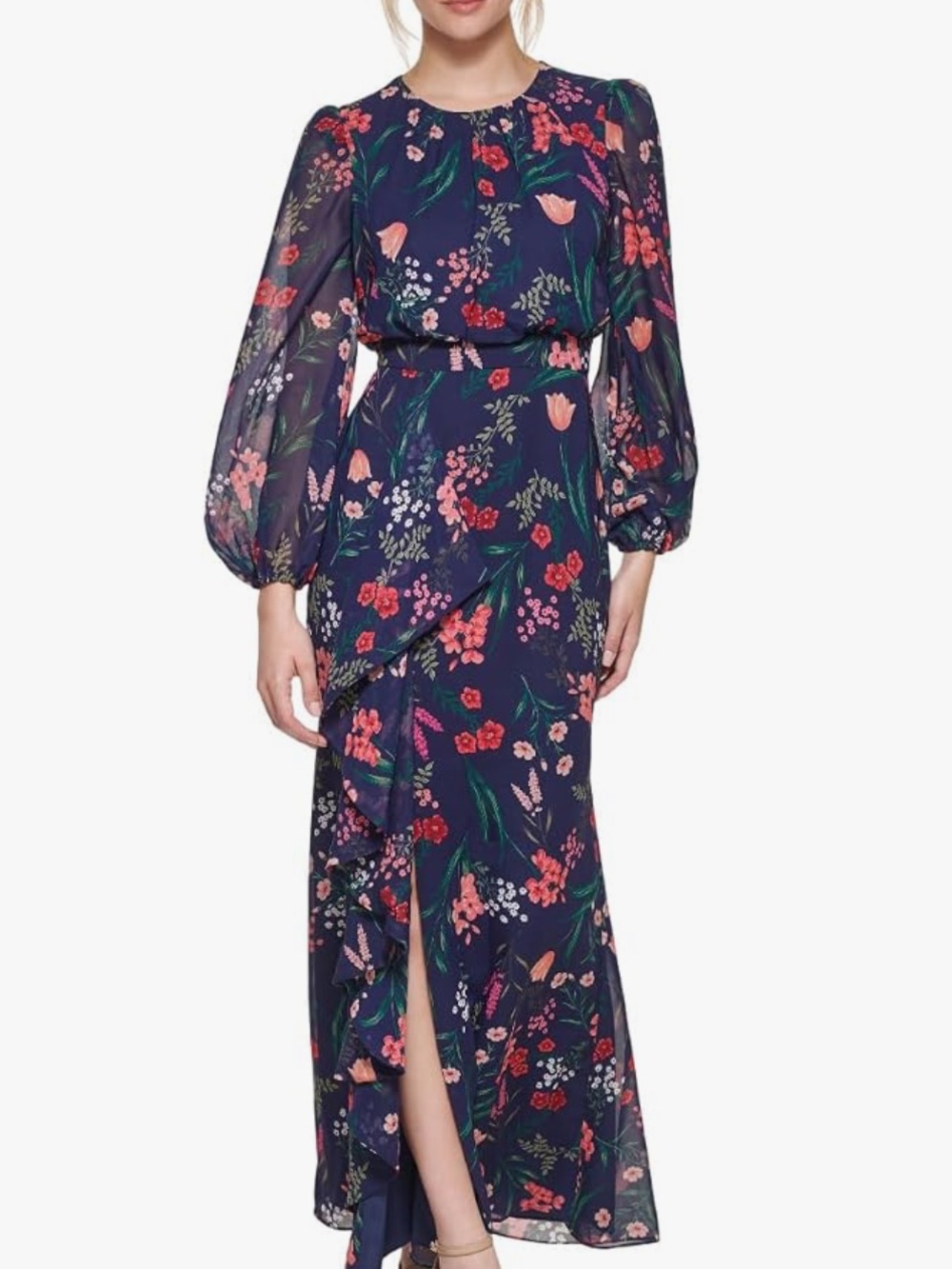 Eliza J Navy Beautiful Floral Maxi‎ Dress with Puff Sleeves. Size 6. Like New.